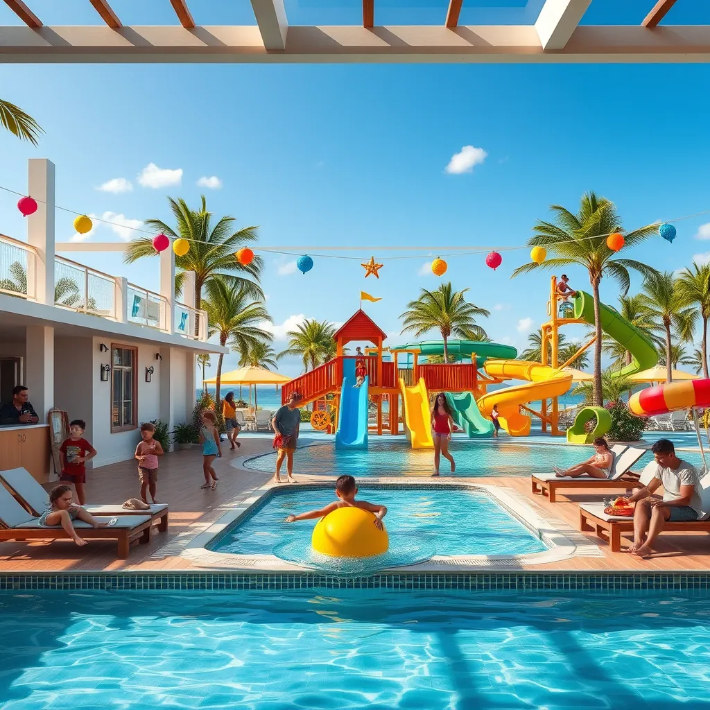 A fun-filled family area at an all inclusive resort, featuring children playing in a supervised kids club, a family pool with water slides, parents relaxing on sun loungers, and vibrant decorations with children's art, all set against a sunny tropical backdrop.