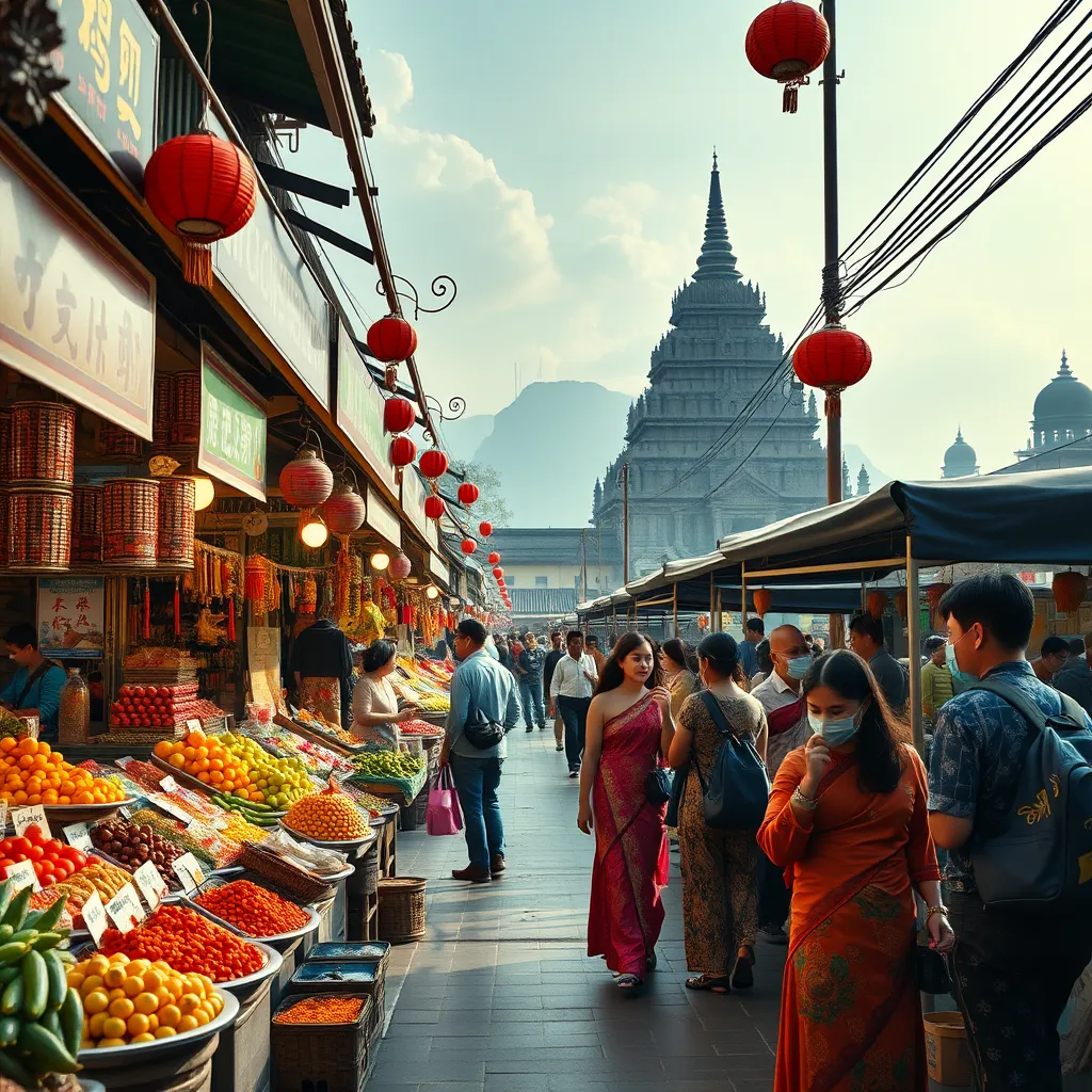 A high-quality image showcasing a bustling Asian market with colorful stalls filled with exotic fruits and spices, with travelers sampling street food and traditional costumes around, all under the enchanting view of ancient temple structures in the background.