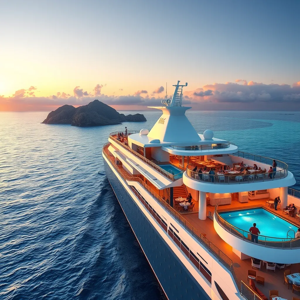A luxurious cruise ship sailing on calm blue waters at sunset, with happy passengers enjoying various onboard amenities like a pool, a spa, and dining areas. The background shows a beautiful tropical island destination.