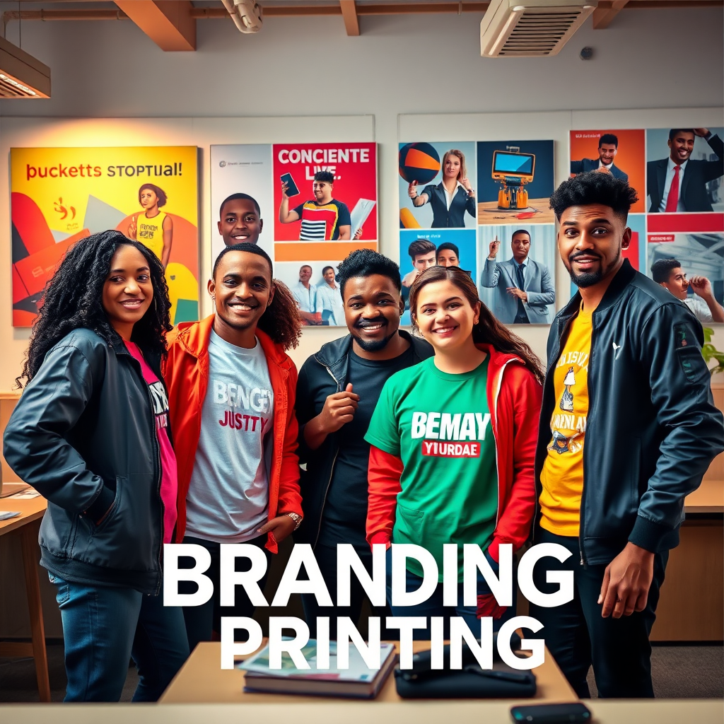 A stylized image highlighting the importance of branding through apparel printing. The focus is on a modern office workspace where business professionals proudly display custom-branded apparel. The composition should feature diverse models wearing colorful, high-quality printed t-shirts and jackets, engaging in a creative brainstorming session. The background includes vibrant posters of successful marketing campaigns. Warm lighting enhances the colors, showing how branding can come to life through apparel. Designed in high quality to capture details of the fabric and design elements.