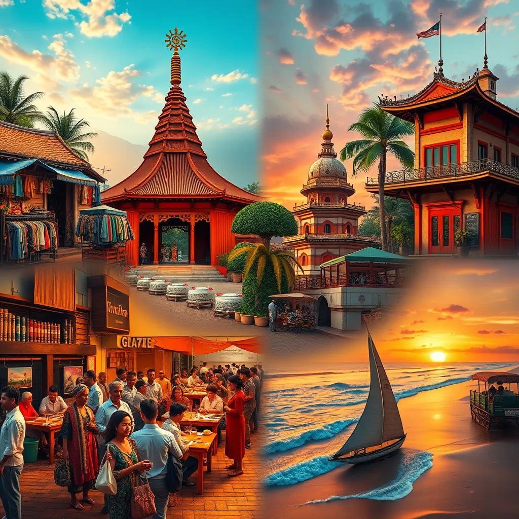 A luxurious cruise ship sailing on calm blue waters at sunset, with happy passengers enjoying various onboard amenities like a pool, a spa, and dining areas. The background shows a beautiful tropical island destination.