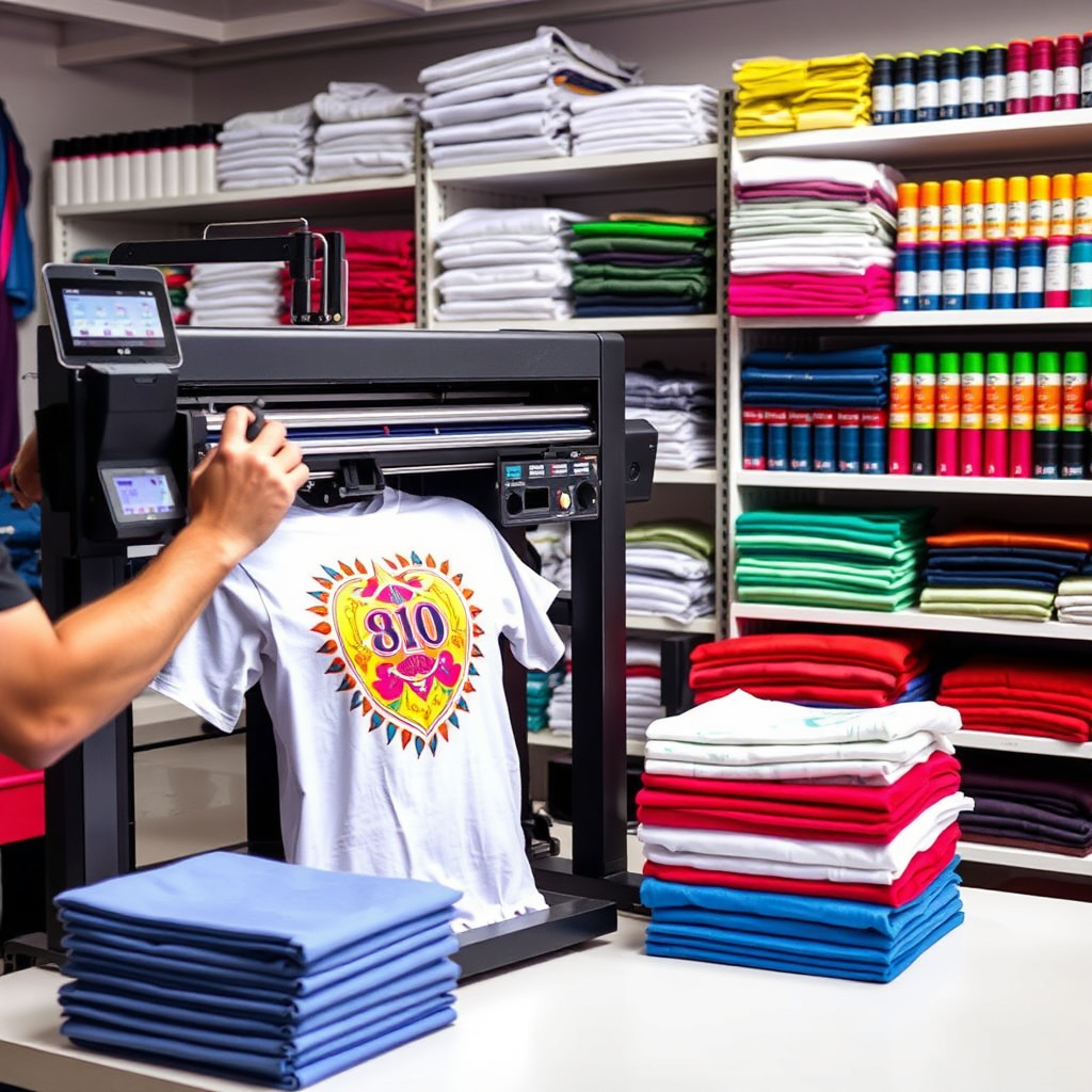 A vibrant image highlighting the apparel printing process featuring a DTG printer. The scene captures a technician adjusting the print settings while a colorful design is coming to life on a t-shirt. The environment is bright, showcasing stacks of various apparel ready for printing, with vibrant threads and inks neatly organized on shelves, creating a professional yet creative workspace.