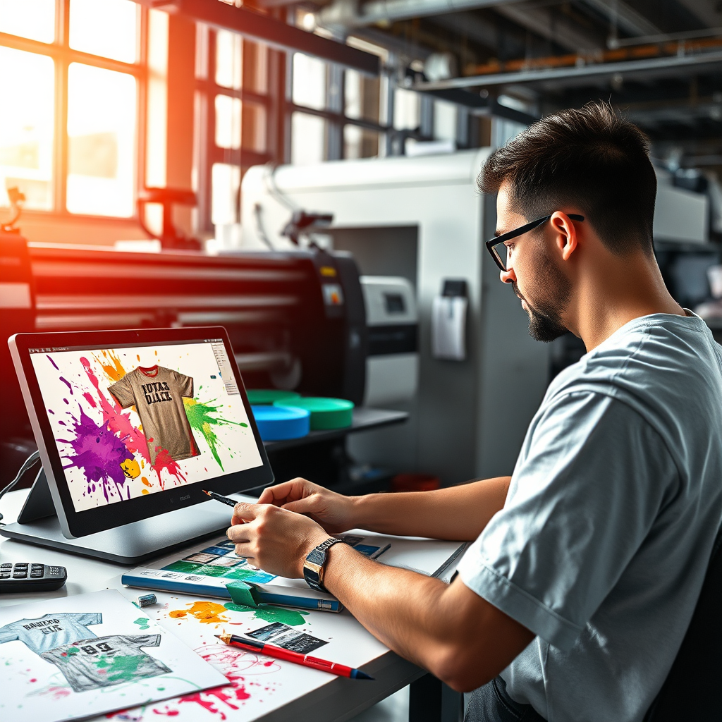 A vibrant image showcasing the creative process behind custom apparel printing. The focus is on an artist digitally designing graphics for t-shirts, with colorful paint splashes and sketches scattered around. Advanced printing machinery looms in the background, poised for transformation of designs into reality. A lively color palette enhances the energetic atmosphere, emphasizing creativity and innovation in the printing process.