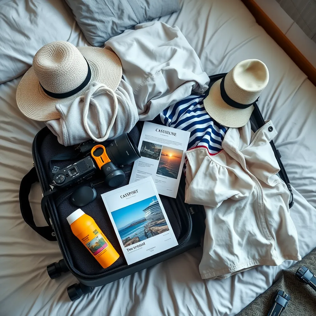 A well-packed suitcase on a bed, surrounded by travel essentials like a camera, sunscreen, and casual summer clothing. A cruise itinerary and passport are visible, emphasizing preparation and excitement for the journey.