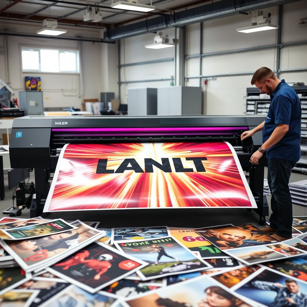 An engaging photo illustrating the large format printing process in action. The focus is on a large format printer producing an eye-catching banner with vivid colors and sharp details. The setting showcases various large print samples scattered around, adding to the dynamic energy of the printing environment. Bright lighting enhances the colors, and a technician inspects the output for quality.