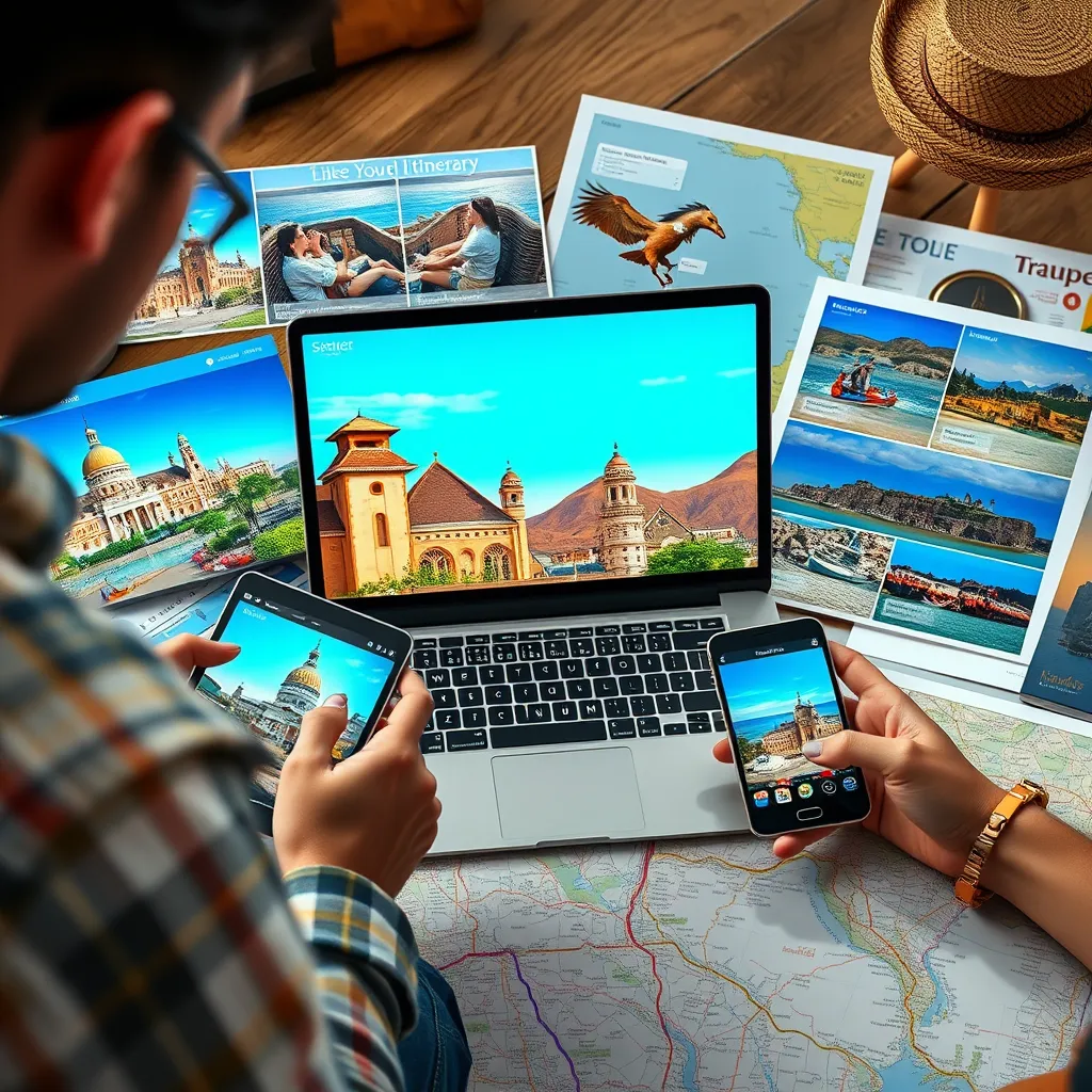A couple excitedly packing suitcases in a cozy, modern living room. A laptop on the coffee table shows a travel website with 'Last-Minute Cruise Deals' prominently displayed on the screen.