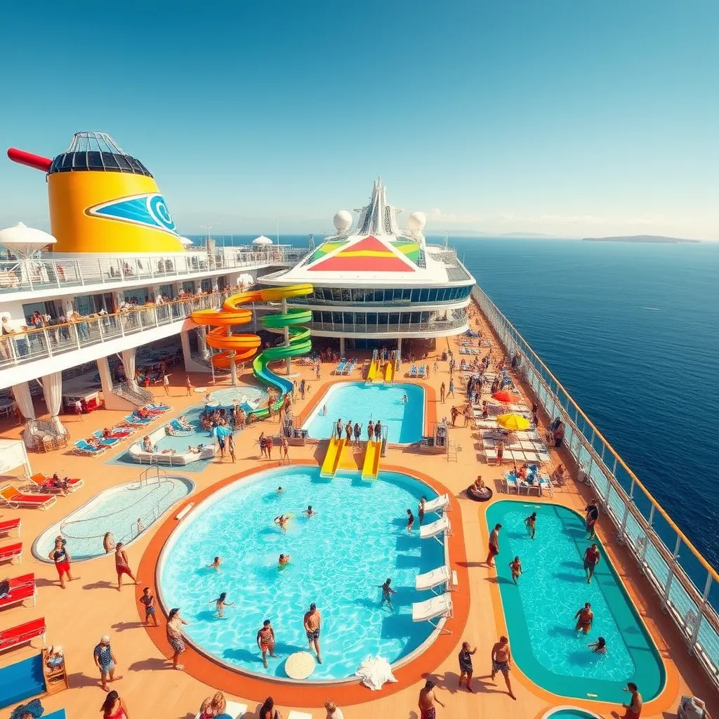 Create a photorealistic image of a vibrant family cruise. The scene should focus on a large family-friendly cruise ship with colorful designs and playful elements like water slides and pools. The lighting is bright and cheerful, mimicking midday sunlight with clear blue skies. The color palette should be lively, with bright blues, greens, and yellows dominating the scene. The camera angle should be an aerial view showing the ship’s deck bustling with families engaged in various activities. Textures should emphasize the smoothness of the water slides, the shimmering water in the pool, and the bright sun reflecting off the ship's surface. Include elements like children playing, parents relaxing, and various family-centric amenities such as miniature golf and outdoor games. Background elements could include a clear horizon and distant islands. Style should reflect the light-heartedness and detail seen in works by Thomas Kinkade. Ensure the image is in 8K resolution, hyperrealistic, and captures ultra-detailed family fun.