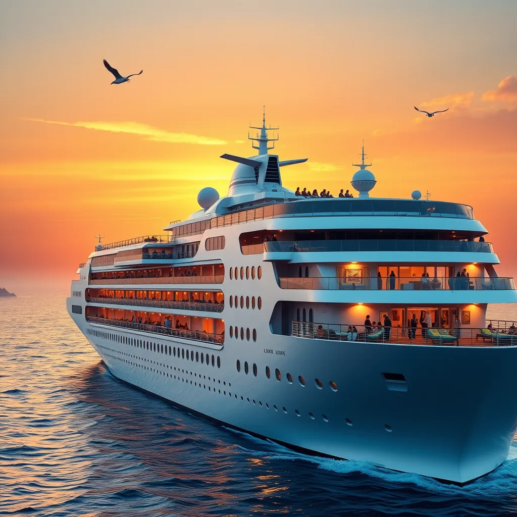 Generate a photorealistic image of a luxury cruise ship at sunset. The cruise ship should be enormous, with multiple decks, elegant lighting, and pristine white paint reflecting the golden hues of the setting sun. The sky is vibrant with warm oranges, pinks, and purples, casting a soft diffused light over the entire scene. The ocean should be calm, with gentle waves creating a serene atmosphere. Highlight the spacious balconies filled with lounging passengers, engaging in leisure activities. The mood should be one of opulence and relaxation. The camera angle should be a low, wide shot from the water level, capturing the grandeur of the ship and the expansive horizon. Textures should be ultra-detailed, showcasing the smooth metals of the ship, the soft textiles on the deck chairs, and the reflective surface of the water. Incorporate seagulls flying overhead and distant small islands in the background. Style should be in the vein of Ansel Adams for realism and high dynamic range. Ensure the image is at 8K resolution, hyperrealistic, and ultra-detailed.