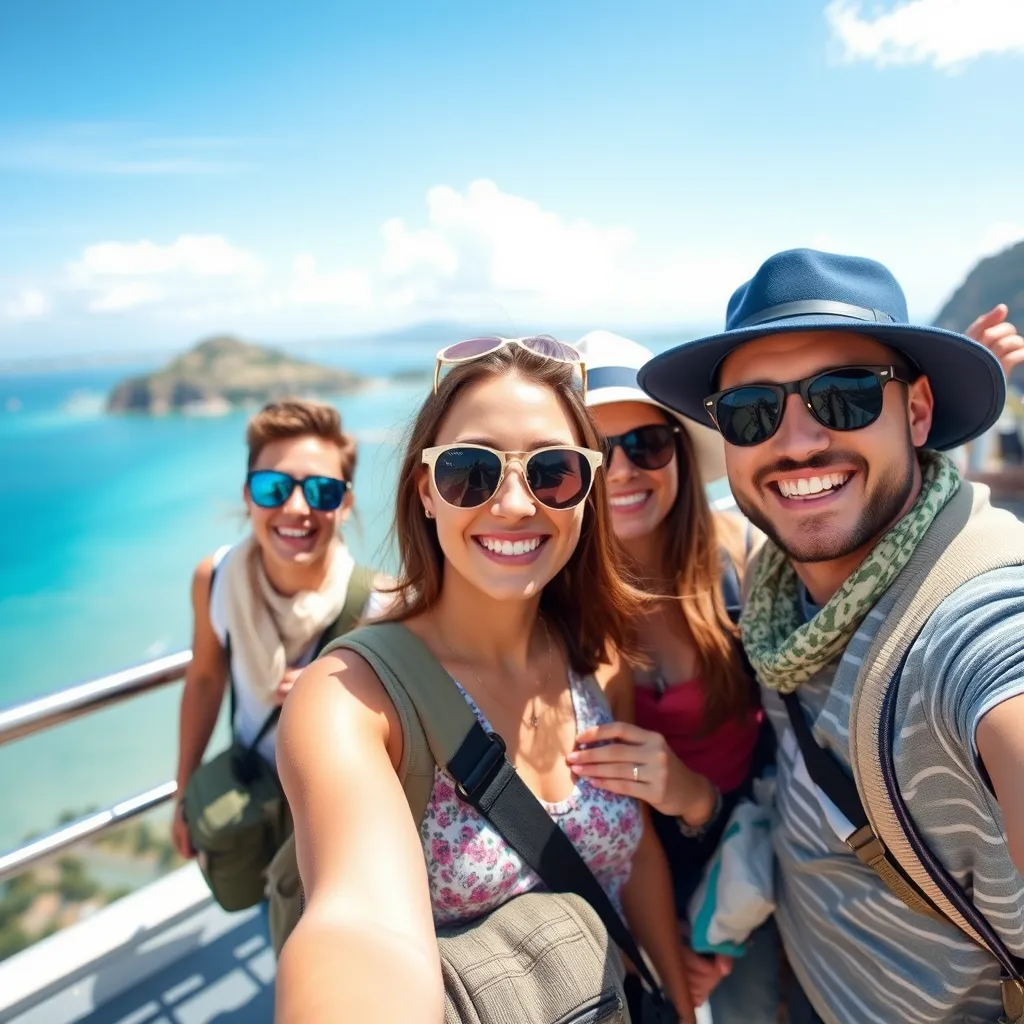 A group of happy travelers holding cruise tickets, with a large banner displaying 'Early-Bird Discounts' in the background. The scene includes a picturesque port with a luxurious cruise ship in the distance.