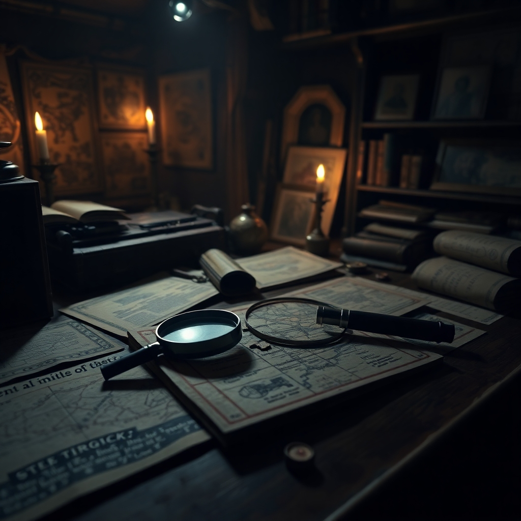  A dimly lit study filled with ancient artifacts, maps, and cryptic documents. A magnifying glass lies on top of a partially solved puzzle. The atmosphere is mysterious and intriguing. Lighting is dramatic, with pools of light illuminating key objects. Style: Inspired by classic detective films. Technical specs: 4K resolution, high quality.