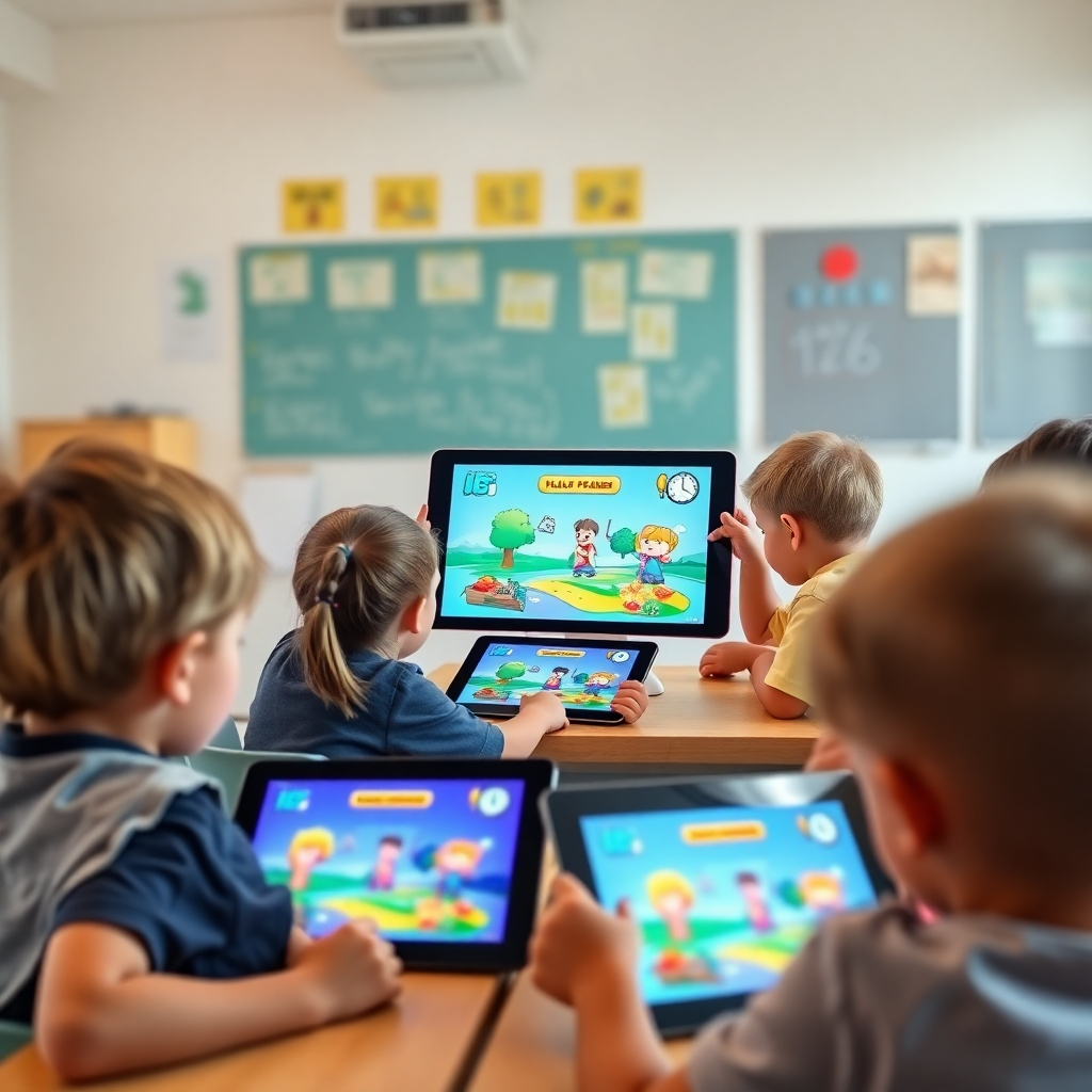 A group of children playing an educational video game on tablets in a classroom setting. The game interface should be visually appealing and intuitive. Lighting should be bright and cheerful. Style: Inspired by modern educational technology. Technical specs: 4K resolution, high quality.