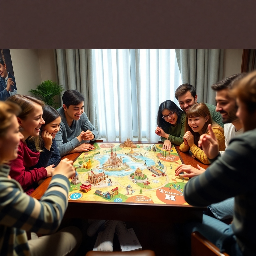 A group of people of all ages excitedly playing an interactive historical board game. The game board is beautifully designed and features historical landmarks and figures. The image should convey a sense of excitement and friendly competition. Lighting should be warm and inviting. Style: Inspired by family game night photos. Technical specs: 4K resolution, high quality.