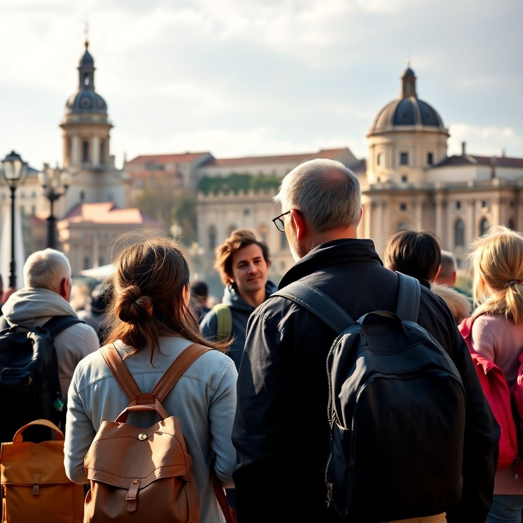 A group of tourists following a knowledgeable guide through a historic city, listening intently to a captivating story. The background should feature iconic historical landmarks. Lighting should be natural and atmospheric. Style: Inspired by travel photography. Technical specs: 4K resolution, high quality.