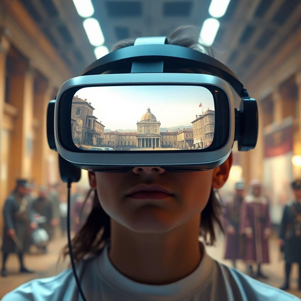 A person wearing a virtual reality headset, fully immersed in a historical simulation. The environment surrounding them is transformed into a realistic historical scene. The image should convey a sense of immersion and realism. Lighting should be dynamic and responsive to the simulation. Style: Inspired by futuristic technology demonstrations. Technical specs: 4K resolution, high quality.