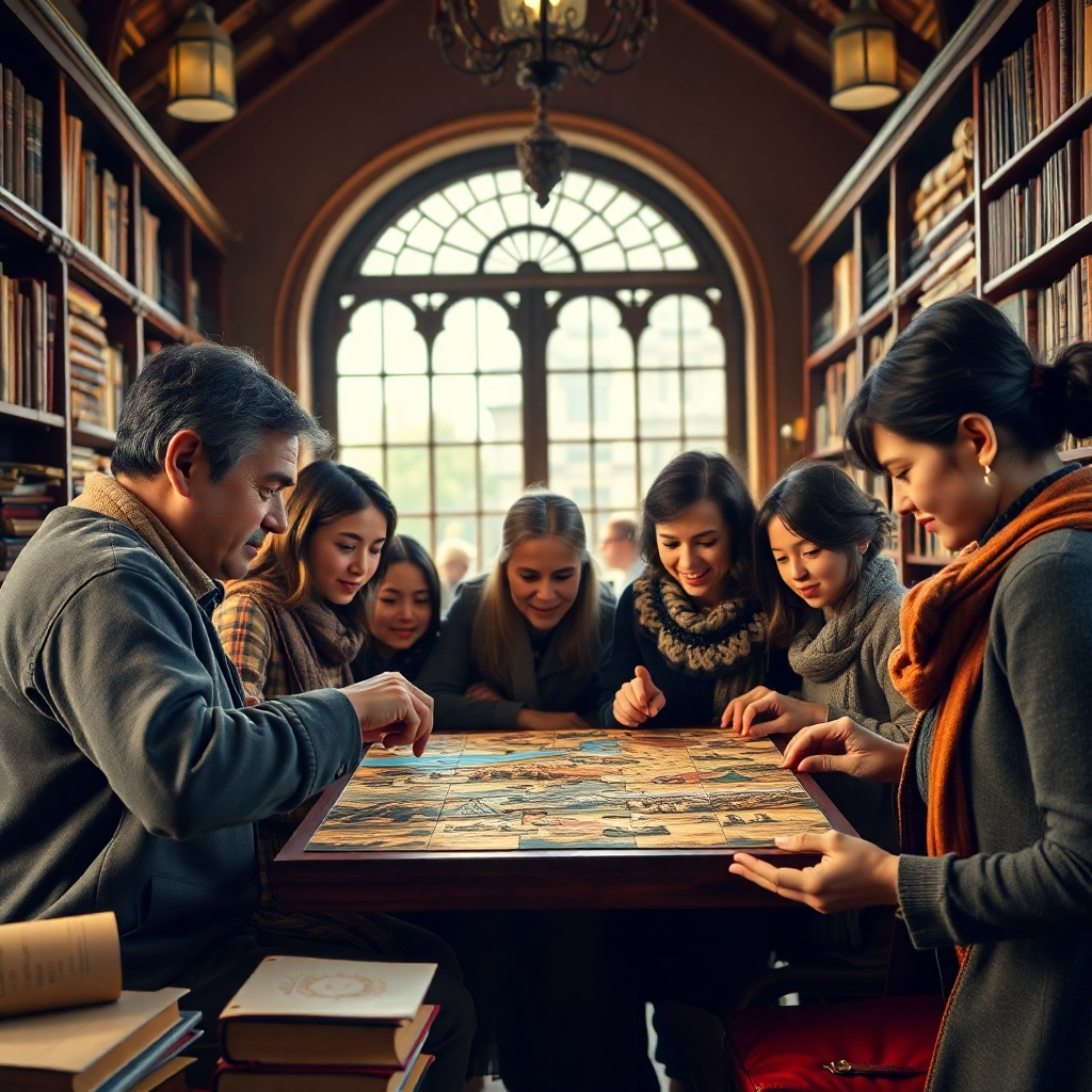 A photorealistic image showcasing a diverse group of people collaboratively solving a historical puzzle. The setting is a cozy, inviting library filled with ancient artifacts and interactive displays. The composition should emphasize teamwork and the joy of discovery. Warm, inviting lighting. The puzzle pieces should be intricately designed, reflecting different historical periods. Camera angle: Medium shot, capturing the expressions of excitement and concentration on the faces of the participants. Textures should be detailed, from the worn leather of old books to the smooth surfaces of the puzzle pieces. Style reference: Combine the warmth of a Norman Rockwell painting with the detail of a museum exhibit. Technical specs: 4K resolution, high quality.