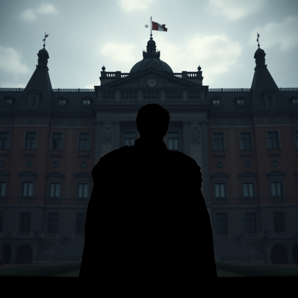 A shadowy silhouette of a historical figure standing in front of a grand historical building (e.g., a castle, a palace, or an ancient temple). The figure is partially obscured by shadows, creating a sense of mystery. The background is richly detailed and evocative of the historical period. Style: Inspired by noir films. Technical specs: 4K resolution, high quality.