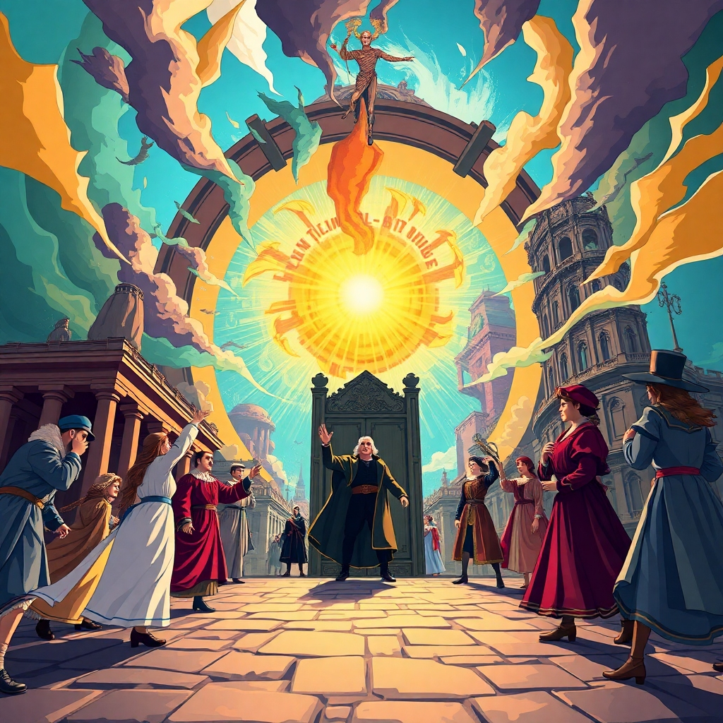  A stylized illustration of a time-traveling portal opening amidst a swirling vortex of historical scenes – ancient Rome, Renaissance Italy, and Victorian England. The portal should be visually striking, with vibrant colors and dynamic energy. Characters from different historical periods are reaching out towards the portal. Lighting is dramatic, with bright highlights and deep shadows. Style: Inspired by classic fantasy book covers. Technical specs: 4K resolution, high quality.