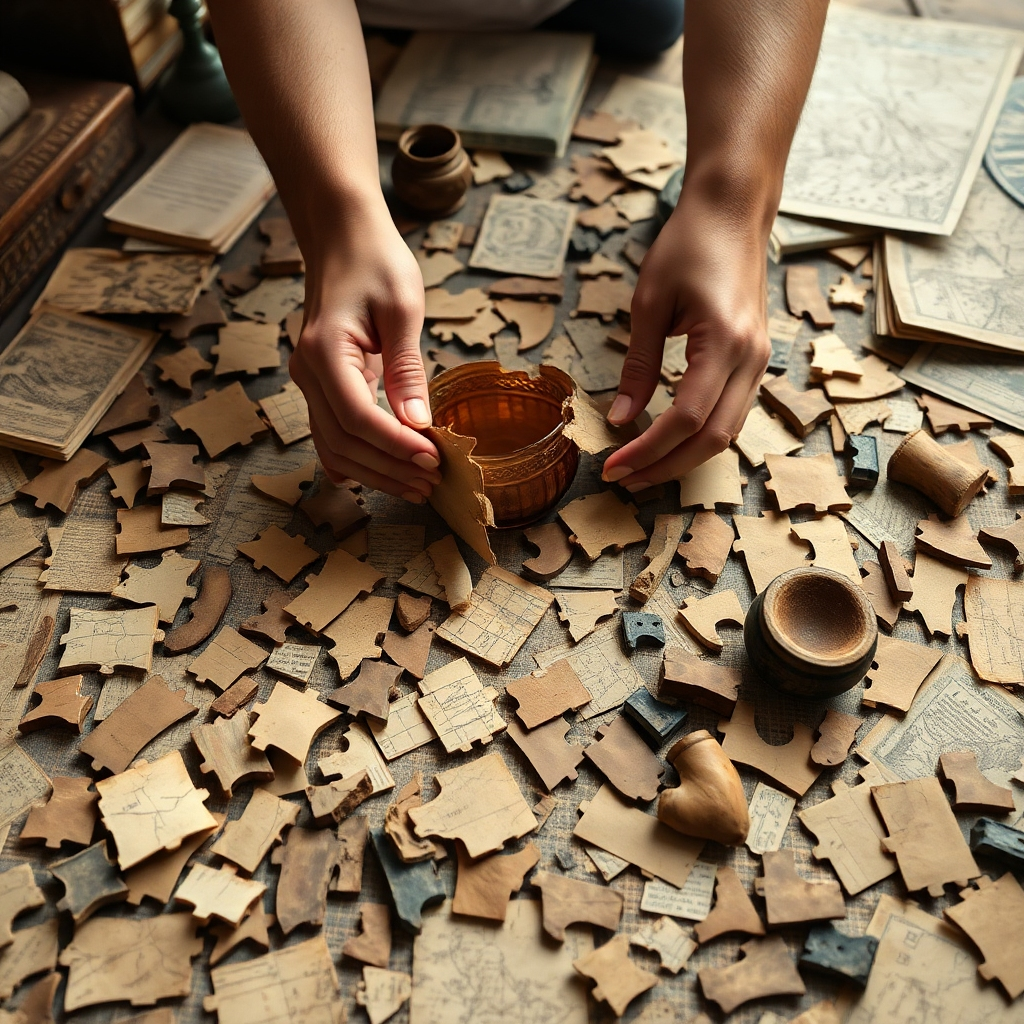 A table covered in fragmented pieces of historical artifacts, maps, and documents. Hands are carefully piecing together a broken vase or a torn map. The image should convey a sense of restoration and discovery. Lighting should be warm and inviting. Style: Inspired by antique shops and museum restoration labs. Technical specs: 4K resolution, high quality.