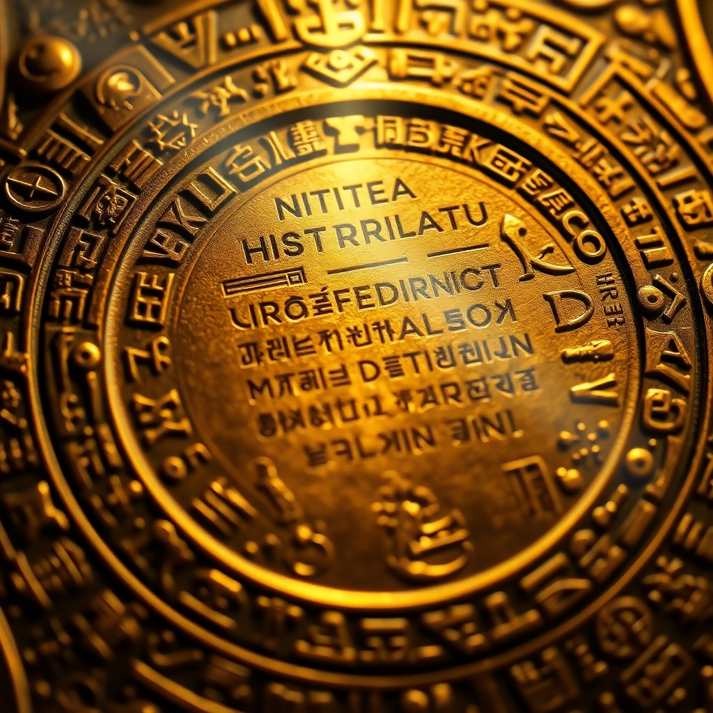 An intricately designed ancient artifact covered in hieroglyphs and symbols. A beam of light reveals a hidden message. The image should convey a sense of mystery and discovery. The color palette should be primarily gold and earthy tones. Camera angle: close-up, focusing on the detail of the artifact. Style: Inspired by Indiana Jones movie props. Technical specs: 4K resolution, high quality.
