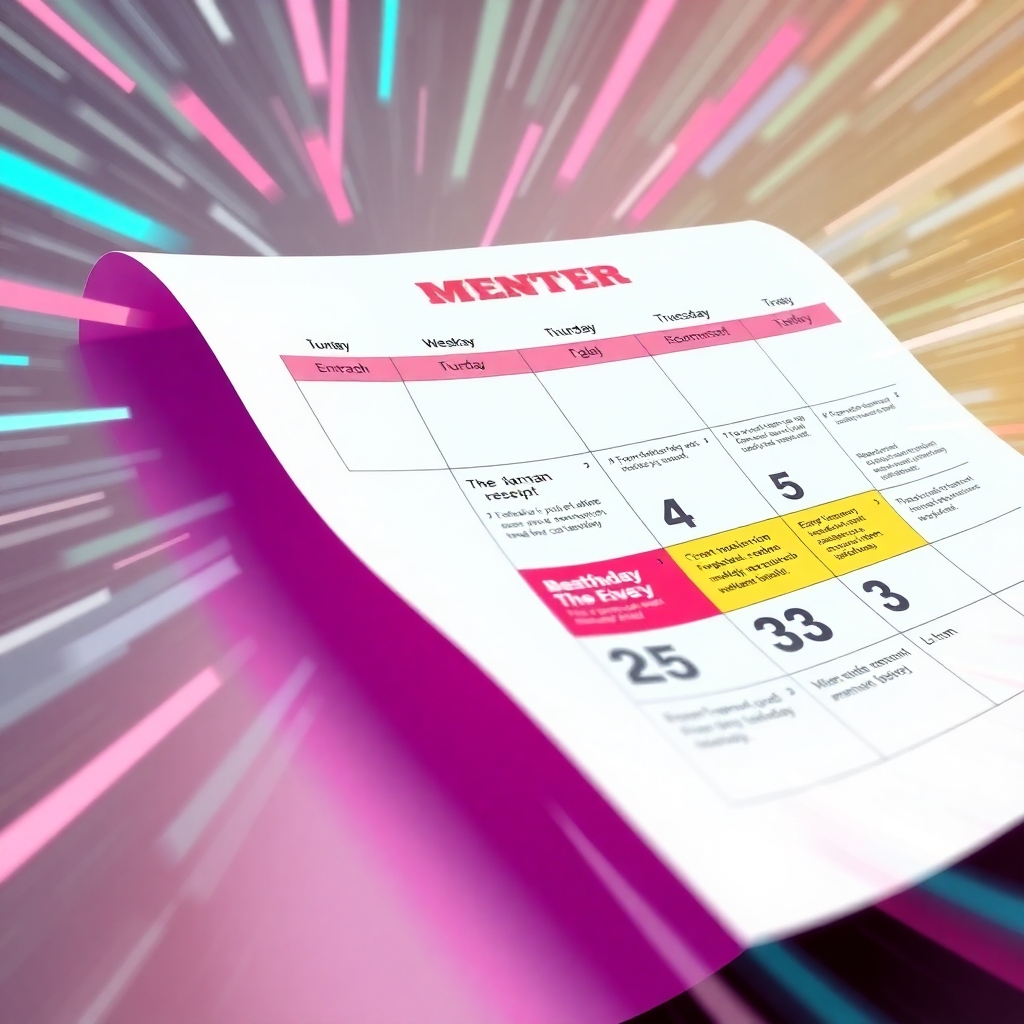 Create a dynamic and visually engaging image of a calendar page flipping rapidly through the weeks, highlighting each giveaway event. The style should be modern and energetic, with bright colors and bold typography. The scene should evoke a sense of constant opportunity and excitement. Technical specs: 4K resolution, high quality.