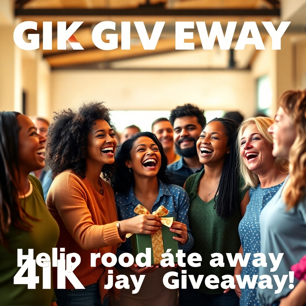 Create a photorealistic image of a diverse group of people laughing and celebrating together while participating in the giveaway. The background should be a brightly lit and welcoming environment. The atmosphere should be joyful and inclusive. The style should be similar to a community event advertisement. Technical specs: 4K resolution, high quality.