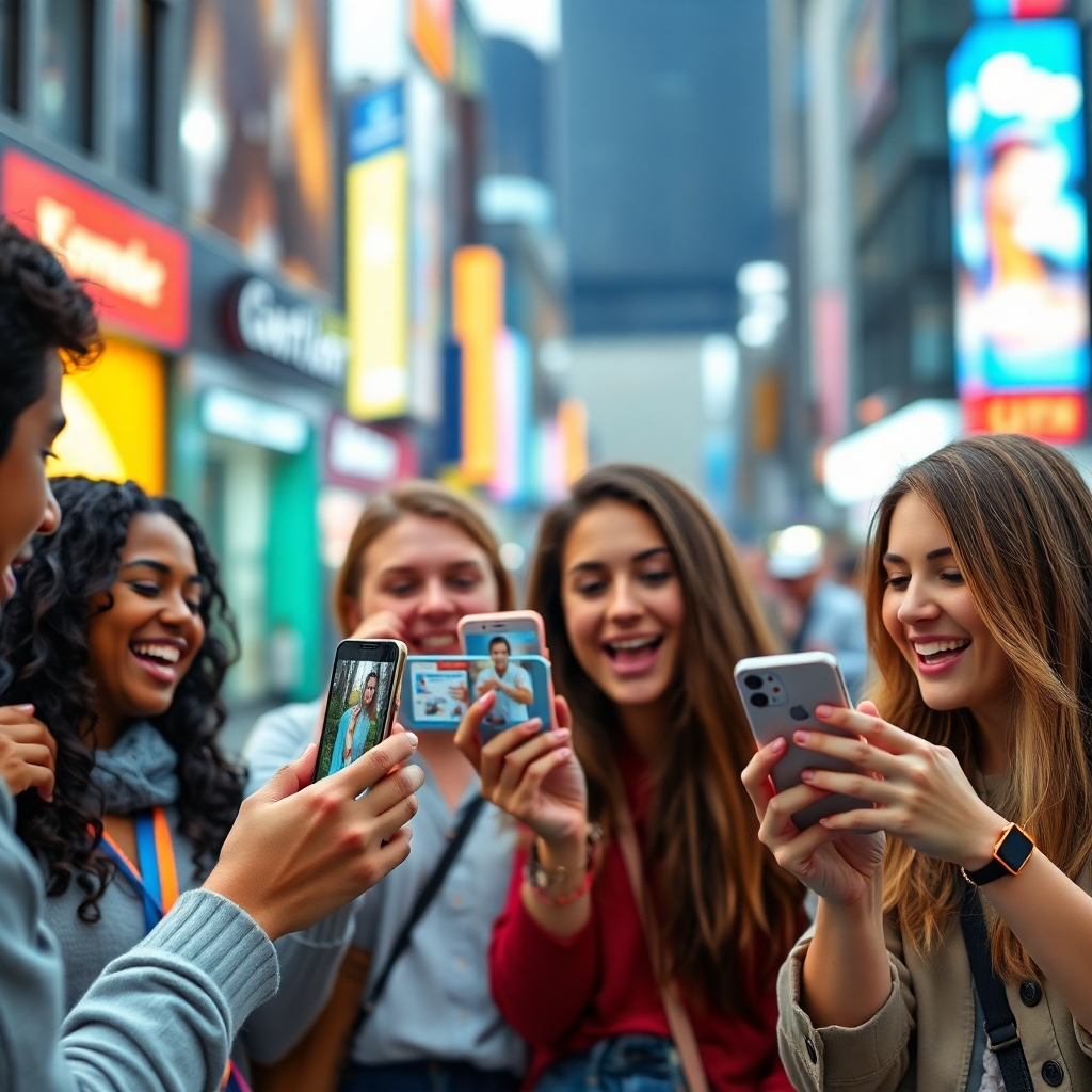 Create a photorealistic image of a group of friends sharing the news about the giveaway on their phones, looking excited and happy. The background should be a vibrant urban environment. Use a shallow depth of field to focus attention on the friends. The style should be similar to a social media ad campaign. Technical specs: 4K resolution, high quality.