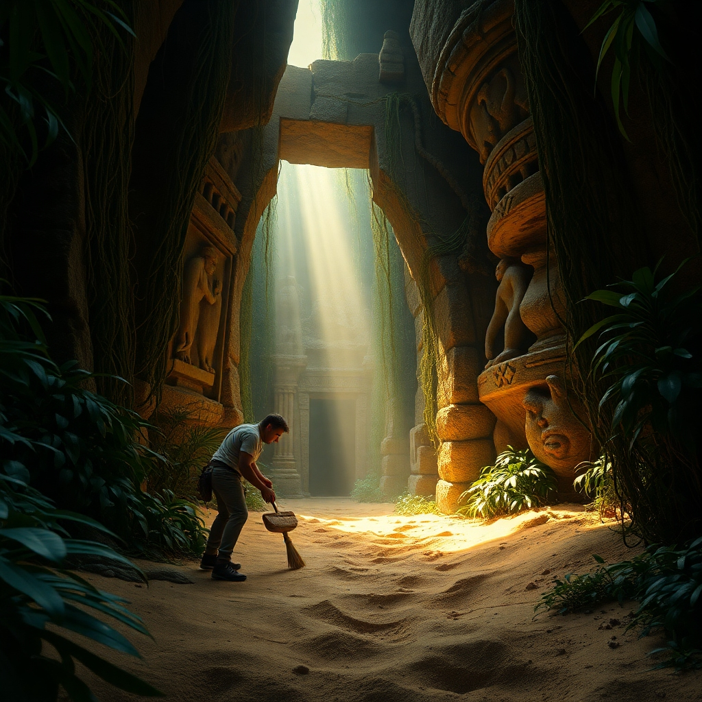  Create a photorealistic image of an archaeologist brushing away sand to reveal a hidden entrance to a lost city in the jungle. The scene should be filled with overgrown vegetation and ancient carvings. The lighting is dramatic, with shafts of sunlight piercing through the dense foliage. Use a color palette of earthy tones, with hints of green and gold. Focus on texture details like weathered stone, tangled vines, and fine sand. The image should evoke a sense of mystery, discovery, and historical significance. Style reference: 'Indiana Jones' movie stills. Technical specs: 4K resolution, high quality rendering.