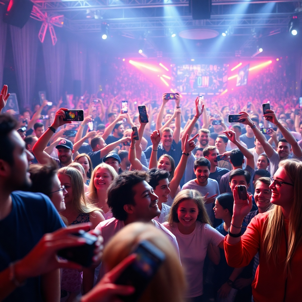 Create a photorealistic image depicting a large and diverse group of people actively participating in an online event or competition. The scene should be energetic and engaging, with visual cues suggesting excitement and interaction. The style should be modern and dynamic, similar to a social media campaign. Technical specs: 4K resolution, high quality.