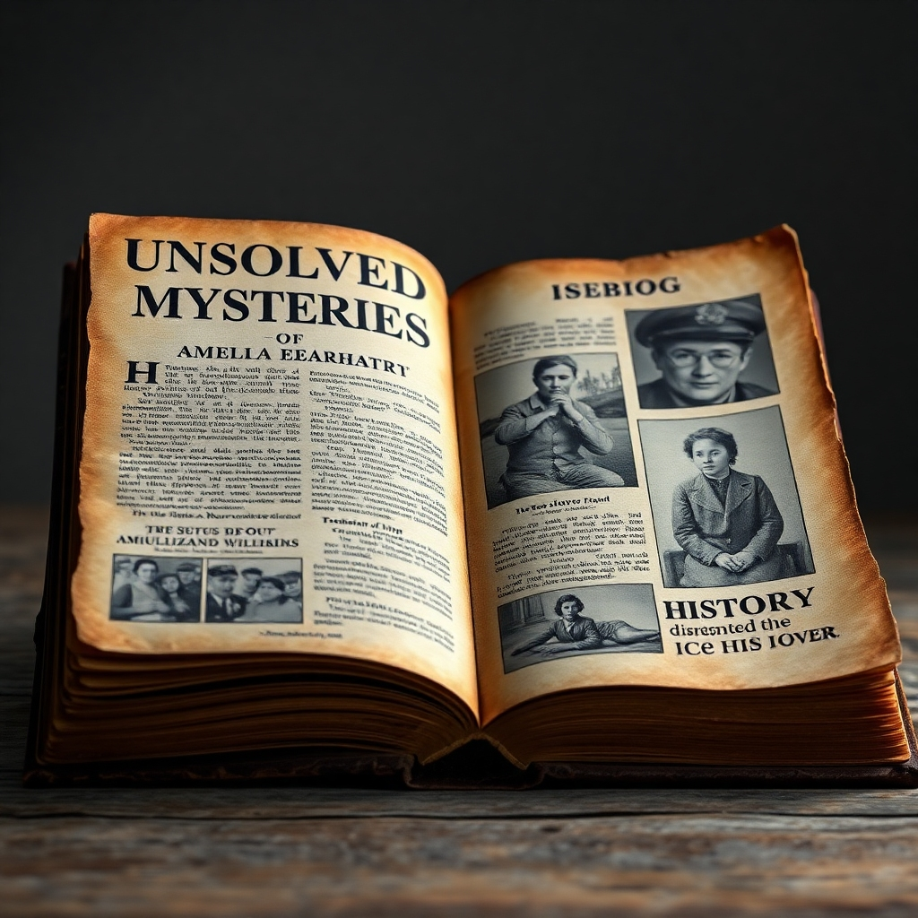 Create a photorealistic image of an old, dusty book titled 'Unsolved Mysteries of History'. The book is open to a page featuring images related to famous mysteries, such as the disappearance of Amelia Earhart and the identity of Jack the Ripper. The lighting is soft and diffused, highlighting the textures of the aged paper and faded photographs. The color palette is muted, with shades of brown, sepia, and gray. The overall mood is mysterious and intriguing. Technical specs: 4K resolution, high quality rendering.