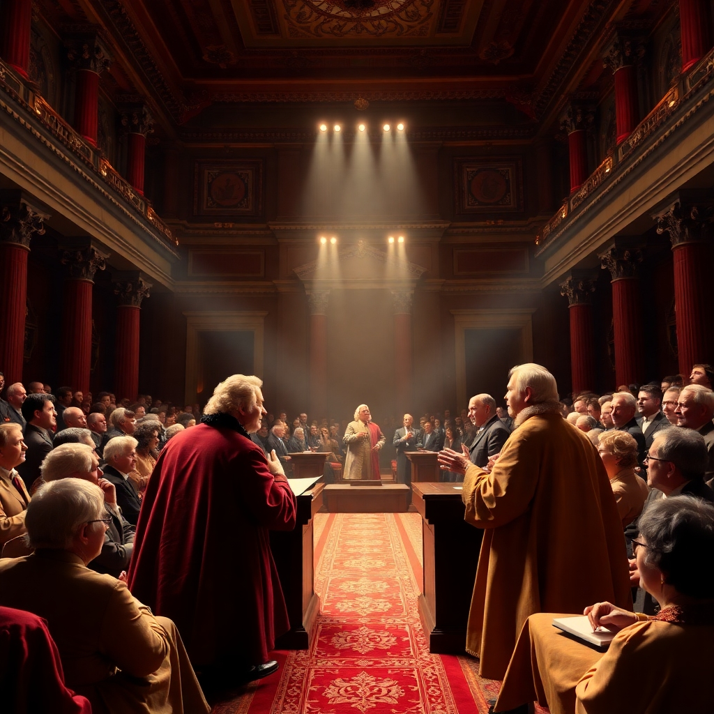 Create a photorealistic image of a historical debate taking place in a grand hall, with famous historical figures arguing passionately. The hall is filled with onlookers, and the atmosphere is tense and charged. The lighting is dramatic, with spotlights highlighting the key speakers. The color palette is rich and warm, with shades of red, gold, and brown. Technical specs: 4K resolution, high quality rendering.