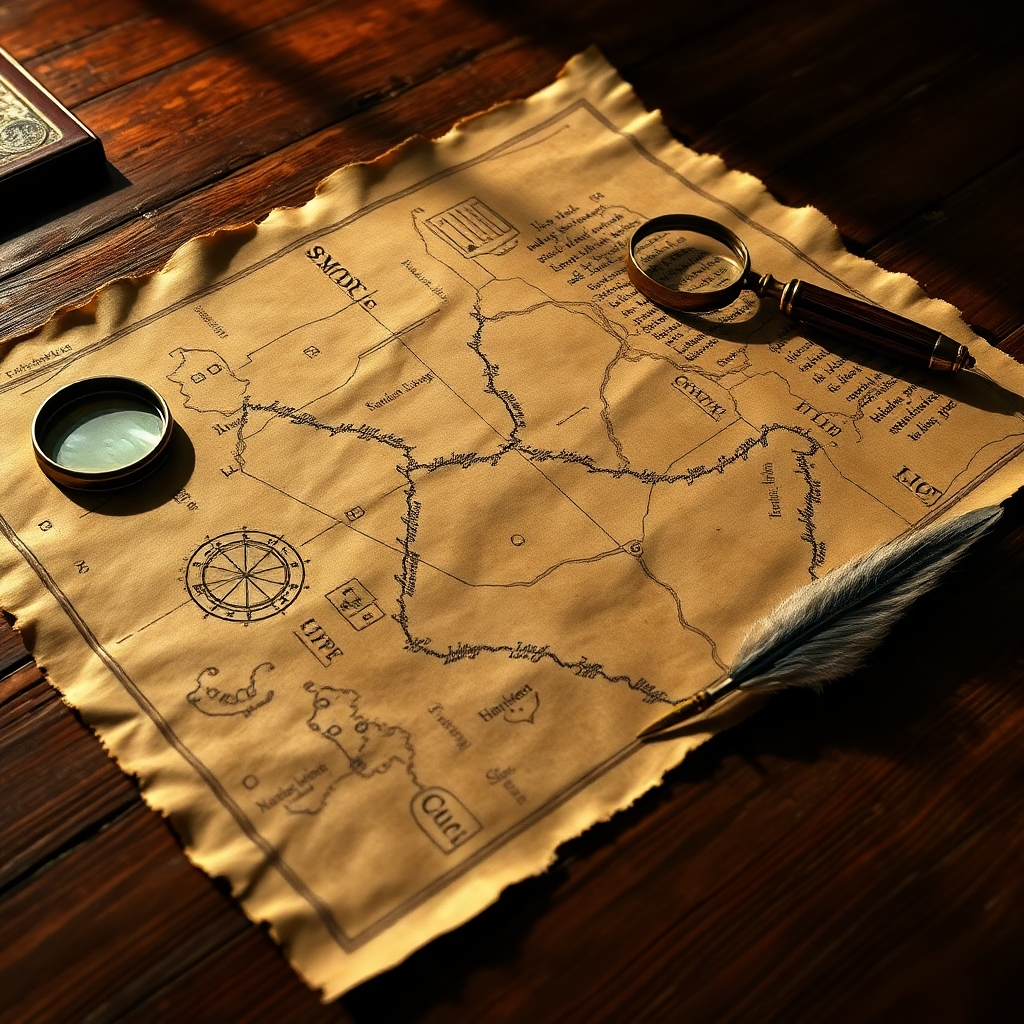  Create a photorealistic image of a weathered parchment map with cryptic symbols and handwritten notes. The map is lying on a wooden table next to an antique magnifying glass and a quill pen. The lighting is warm and inviting, casting long shadows across the table. Use a color palette of sepia tones, with hints of red and brown. Focus on texture details like aged paper, worn leather, and delicate ink strokes. The image should evoke a sense of intrigue, history, and intellectual curiosity. Style reference: 'National Treasure' movie props. Technical specs: 4K resolution, high quality rendering.