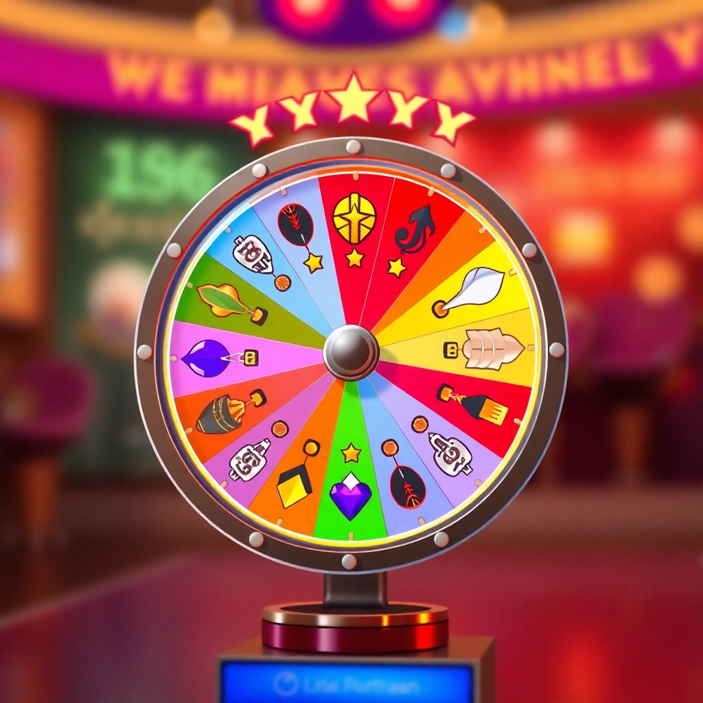 Create a photorealistic image depicting a spinning prize wheel with various icons representing different prizes. The wheel should be brightly colored and visually appealing, with a sense of anticipation and excitement. The background should be blurred, focusing attention on the spinning wheel. The style should be clean and modern, similar to a mobile game interface. Technical specs: 4K resolution, high quality.