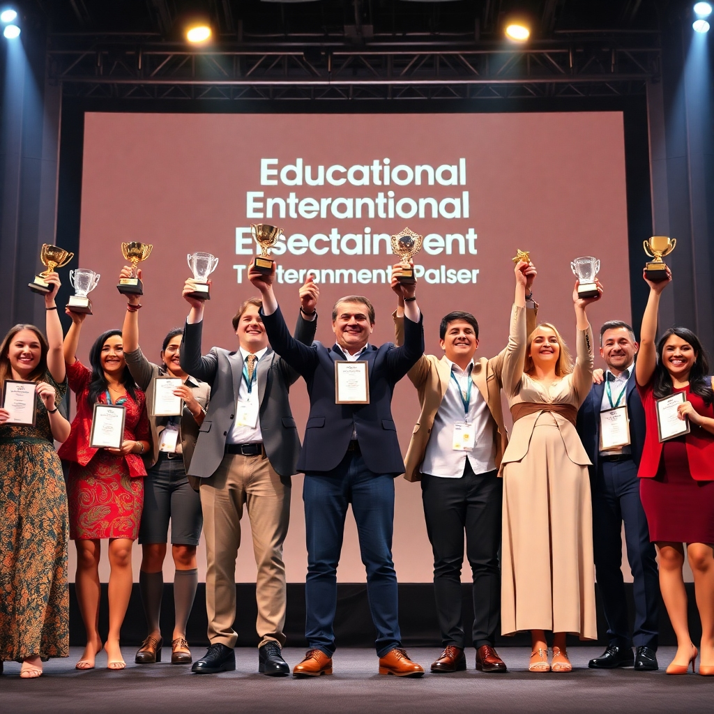 Create a photorealistic image of a diverse group of winners holding up their prizes and smiling enthusiastically. The background should be a brightly lit stage with the 'Educational Entertainment' logo prominently displayed. The atmosphere should be celebratory and rewarding. The style should be similar to a corporate awards ceremony. Technical specs: 4K resolution, high quality.