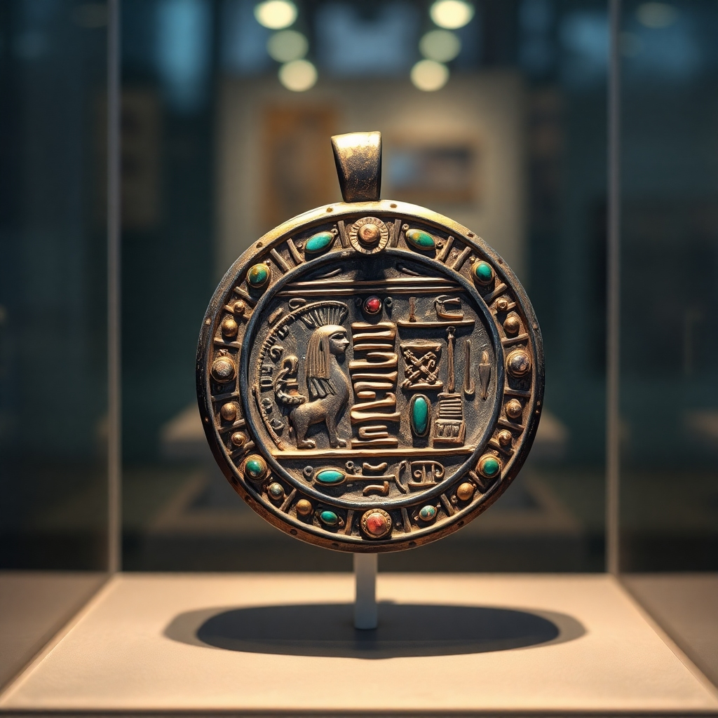  Create a photorealistic image of a museum display case containing an ancient Egyptian amulet. The amulet is intricately carved with hieroglyphs and inlaid with precious stones. The lighting is soft and diffused, highlighting the details of the artifact. Use a color palette of rich blues, greens, and golds. Focus on texture details like polished stone, tarnished metal, and delicate carvings. The image should evoke a sense of wonder, history, and cultural significance. Style reference: Natural History Museum exhibit photography. Technical specs: 4K resolution, high quality rendering.