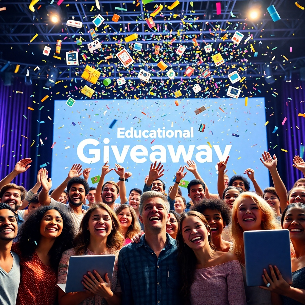 Create a photorealistic, ultra-high quality header image showcasing the excitement of a free weekly giveaway. The scene should feature a cascade of digital confetti and vibrant prize icons (laptops, gaming consoles, gift cards) raining down on a group of diverse, smiling people. The background should be a brightly lit stage with the 'Educational Entertainment' logo subtly displayed. Use a wide-angle lens to capture the energy and scale of the giveaway. Lighting should be soft and diffused, creating a celebratory atmosphere. The color palette should be bright and inviting, with pops of blue, green, yellow, and orange. The image should evoke a sense of anticipation and reward. Consider a style similar to a modern tech company's promotional material, but with a playful, educational twist. Technical specs: 8K resolution, hyperrealistic rendering.