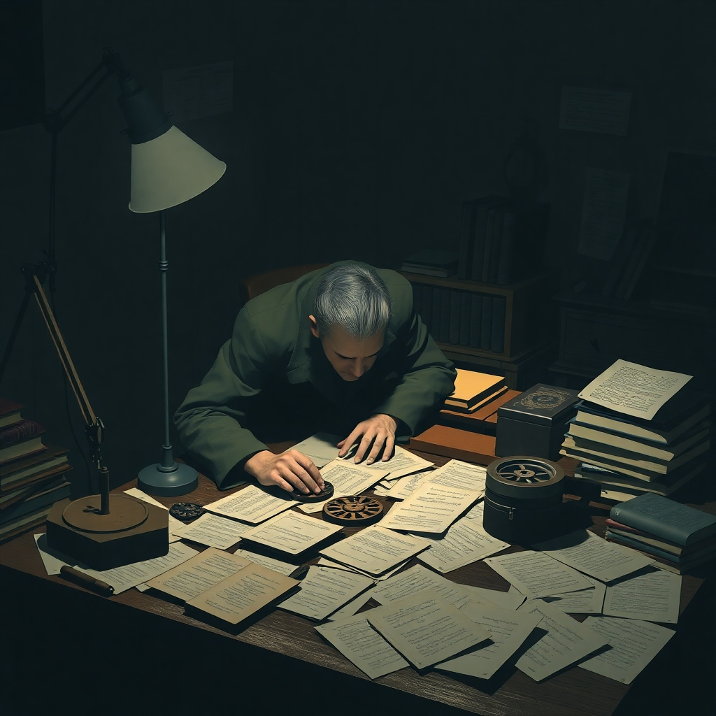 Create a stylized image of a codebreaker hunched over a desk covered in coded messages, using various tools like cipher wheels and books. The room is dimly lit by a desk lamp, casting dramatic shadows. The color palette is muted, with shades of gray, brown, and green. The style is reminiscent of film noir, emphasizing the intrigue and secrecy of codebreaking. Focus on details such as the texture of the paper and the intricate designs of the cipher wheels. Technical specs: 4K resolution, high quality rendering.