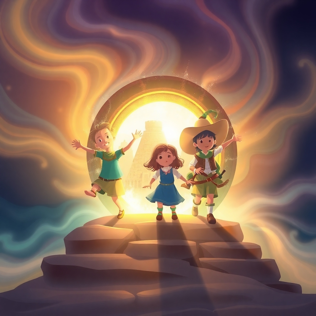 Create a stylized image of a group of diverse children stepping through a shimmering portal into different historical periods, each representing a different era. One child is reaching out towards ancient Egypt, another towards the Renaissance, and a third towards the Wild West. The portal is surrounded by swirling colors and glowing energy. The style is whimsical and imaginative, with a focus on the wonder and excitement of time travel. Technical specs: 4K resolution, high quality rendering.