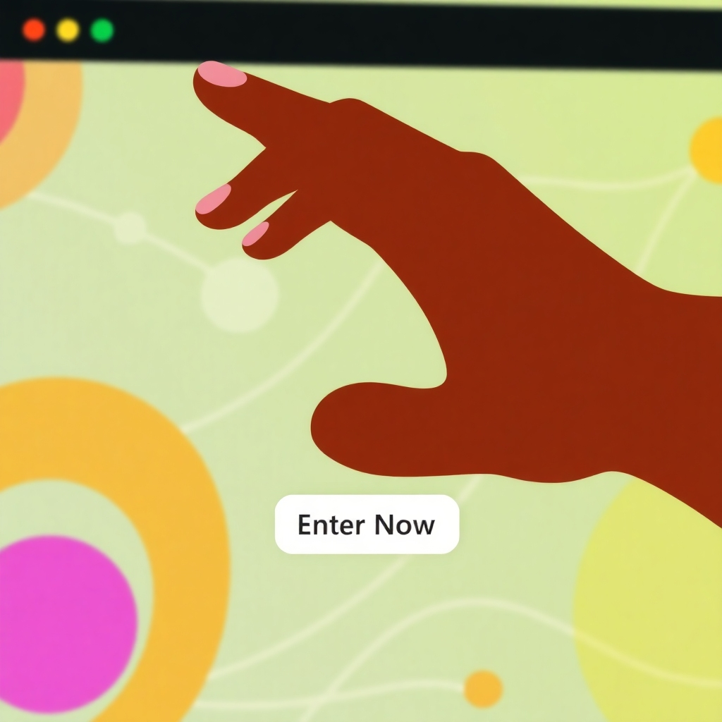 Create a stylized image of a hand clicking a 'Enter Now' button on a brightly colored web page. The hand should be diverse and inclusive, representing a wide range of participants. The background should feature abstract shapes and patterns representing digital connectivity. The style should be modern and minimalist, with a focus on clarity and ease of use. Technical specs: 4K resolution, high quality.