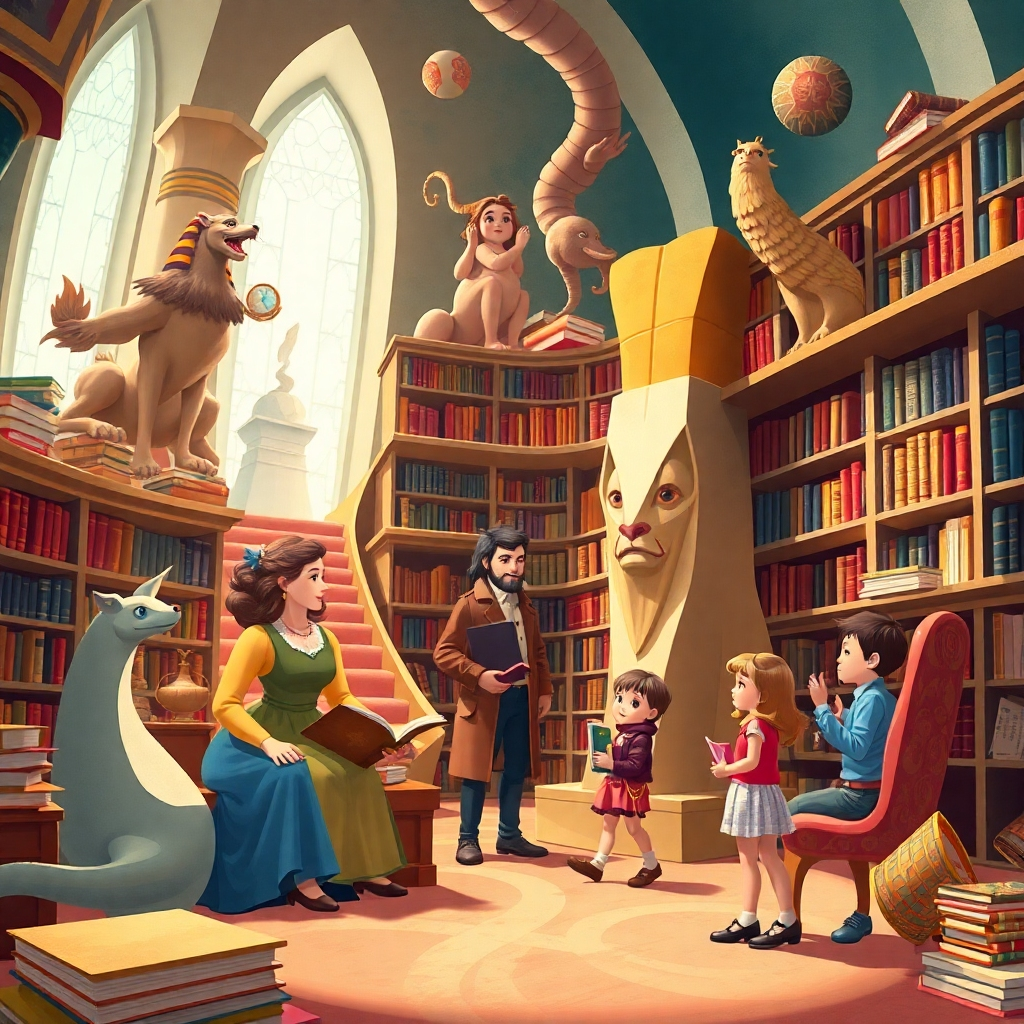 Create a stylized image representing 'History, Mystery & Learning Combined' for the 'About Us' section. Depict a whimsical scene where historical figures (e.g., Marie Curie, Leonardo da Vinci), mythological creatures (e.g., Sphinx), and modern-day children interact within a fantastical library setting. The library should feature impossible architecture with books floating in mid-air and hidden passages. The overall atmosphere is one of playful learning and boundless imagination. Use a vibrant color palette with pastel hues and bold accents. The camera angle is a medium shot, focusing on the interactions between the characters. The image should have a painterly quality, reminiscent of children's book illustrations. Texture details should include soft, inviting fabrics and intricate patterns on the books and artifacts. Style reference: Whimsical realism, inspired by the artwork of Chris Van Allsburg. Technical specs: 4K resolution, high quality rendering.