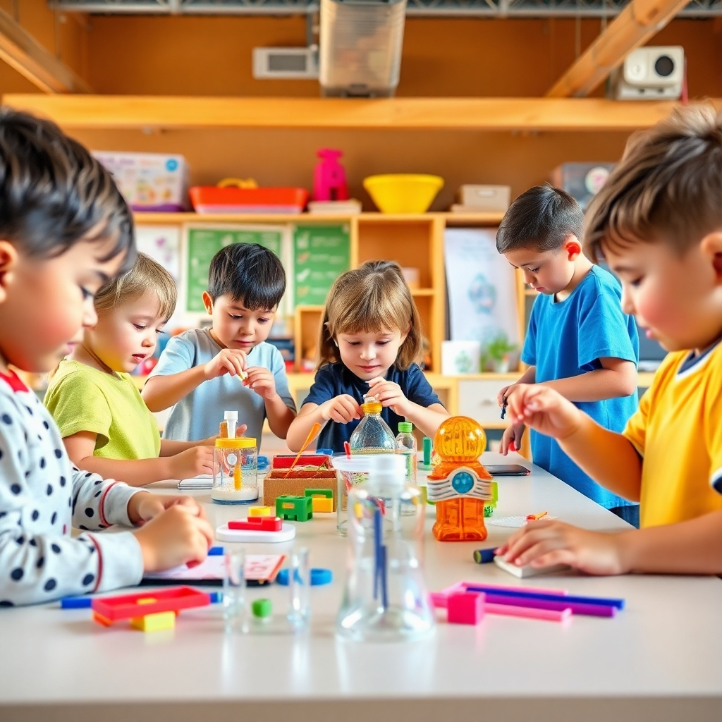 Create an image of children participating in a hands-on educational workshop. They are engaged in a variety of activities, such as building models, conducting experiments, and creating artwork. The atmosphere is lively and collaborative, as they learn and explore together. Use bright colors and energetic compositions to convey a sense of fun and discovery. The style should be modern and engaging, appealing to a young audience. Technical specs: 4K resolution, high quality rendering.