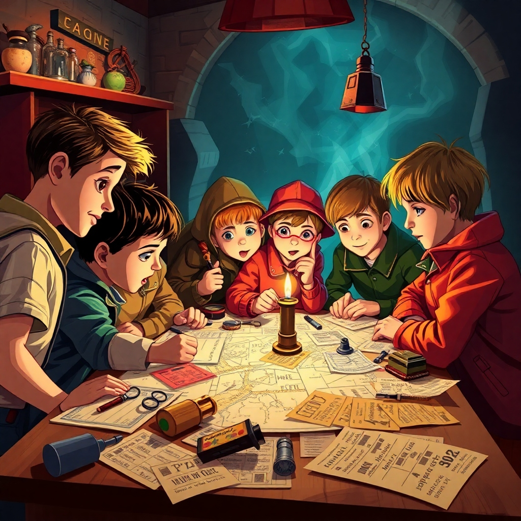 Create an image of children working together to solve a historical mystery. They are gathered around a table covered with clues, such as maps, artifacts, and coded messages. The atmosphere is exciting and suspenseful, as they race against time to uncover the truth. Use a dynamic composition and bold colors to convey a sense of urgency and adventure. The style should be reminiscent of a classic detective story. Technical specs: 4K resolution, high quality rendering.