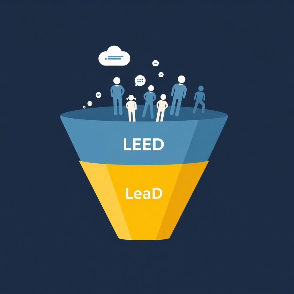 Create an image that visually represents lead generation. Consider using a funnel graphic where potential customers are entering the wide top and the qualified leads are at the bottom. Incorporate the logo subtly. The style should be professional and corporate. Technical specs: 4K resolution, high quality.
