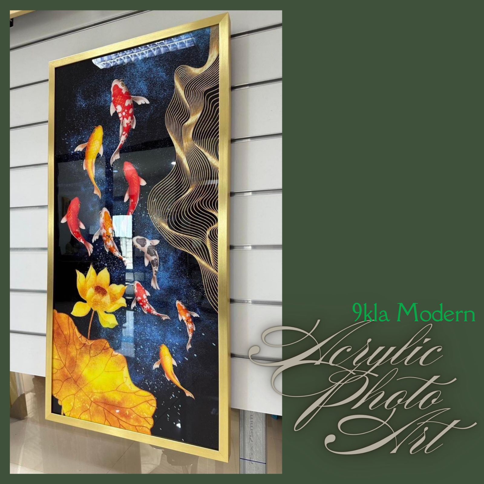 A hyperrealistic, ultra-detailed (8K resolution) image of a feng shui-inspired artwork printed on an acrylic panel. The artwork features a stylized depiction of a flowing waterfall cascading down a mountainside, surrounded by lush bamboo and vibrant flowers. The color palette is predominantly green, blue, and gold, evoking a sense of tranquility and prosperity. The lighting is soft and diffused, with a subtle golden hue emphasizing the richness of the colors. The camera angle is slightly low, looking upwards at the waterfall, creating a sense of awe and grandeur. The acrylic panel is placed in a modern, minimalist interior setting with a sleek wooden floor and white walls. The scene is meticulously detailed, with visible textures in the water, bamboo leaves, and flower petals. The overall style is inspired by traditional East Asian art, emphasizing harmony and balance. The acrylic panel's reflective surface subtly reflects the interior setting, creating a sense of depth and realism. The image should be free of any grain or noise, showcasing the ultra-high resolution and clarity of the print