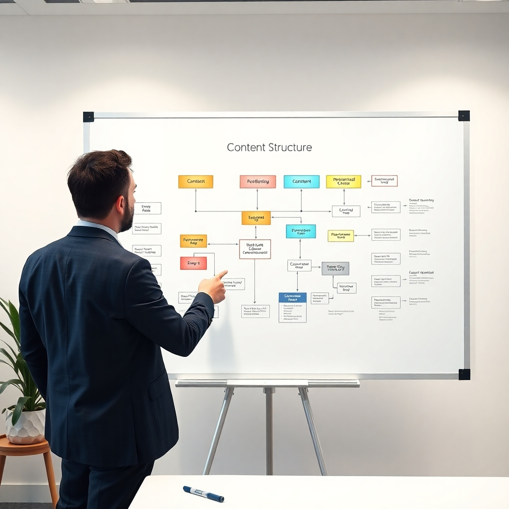 8K resolution, photorealistic image, meticulously detailed. A clean, modern office setting featuring a whiteboard covered in a visually appealing and logically organized content structure flowchart, presented in a clear, concise manner. The flowchart uses color-coded boxes and connecting arrows to showcase different stages of a content plan.  A business professional is pointing at a key element in the chart, explaining something. Soft, even lighting fills the scene, creating a professional and calm atmosphere. The color palette is sophisticated and calming – muted blues, grays, and accent colors that convey professionalism.  Camera angle is slightly elevated, showcasing both the whiteboard and the business professional.  Textures of the whiteboard, markers, and the professional's clothing should be highly realistic.  The background is minimalistic and unobtrusive, allowing the flowchart to be the focal point. Style reference: similar to high-end corporate marketing materials. Focus on visual clarity, organization, and professionalism.  Illustrate the effectiveness and efficiency of the content structure.