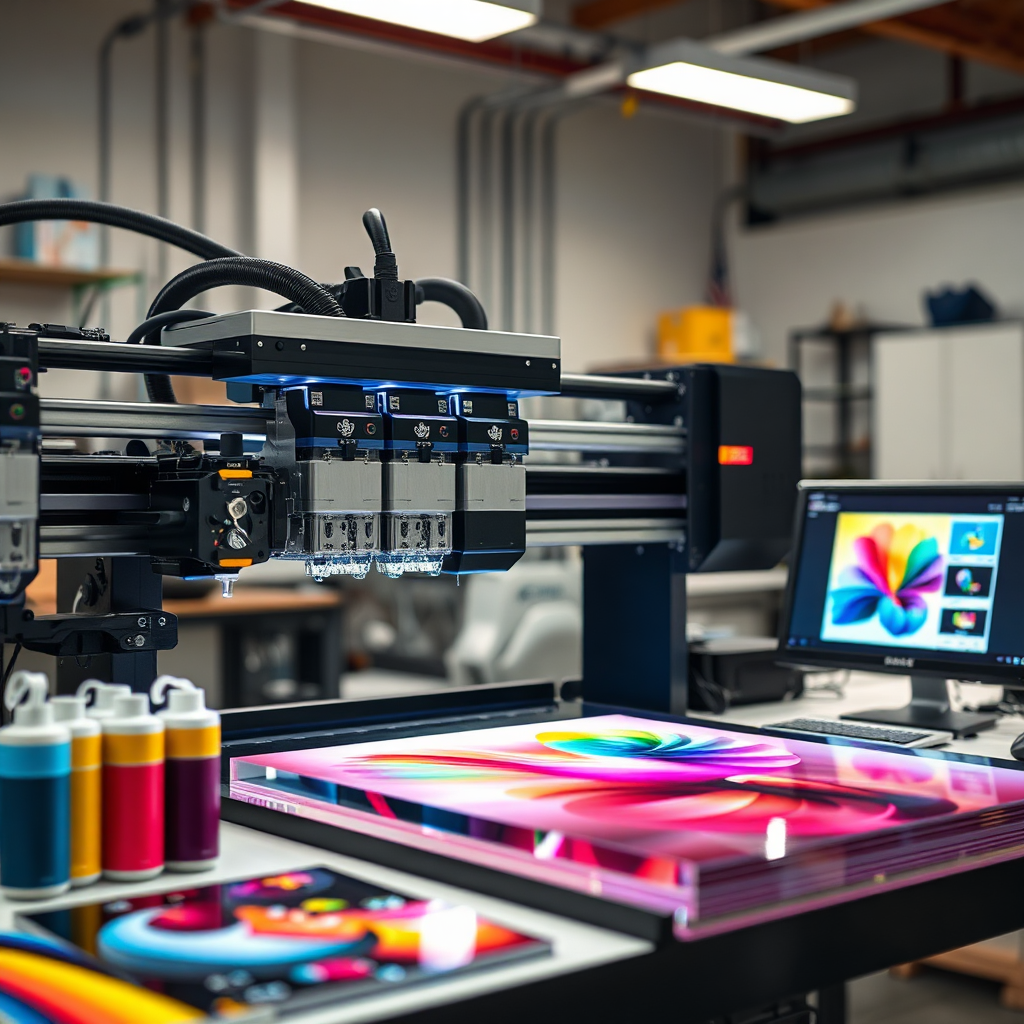 A 4K, high-quality image showcasing the process of UV printing on acrylic. The scene focuses on a state-of-the-art UV printer in action, applying vibrant colors to a sheet of clear acrylic. Camera angle is a close-up shot, highlighting the precision and detail of the printing process. Lighting is bright and focused, illuminating the ink nozzles and the acrylic surface. The environment is a clean and organized workshop. Props include spools of colorful ink, sample acrylic prints, and a computer displaying the print design. The color palette is vibrant and modern, reflecting the wide range of colors achievable with UV printing. Style reference: A blend of industrial photography and product showcase. The image should convey precision, innovation, and quality.