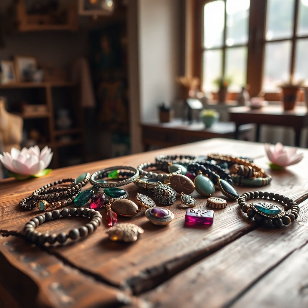 A 4K resolution, high-quality image featuring a diverse collection of amulets and gemstone bracelets arranged artfully on a rustic wooden table. Soft, natural light streams in from a nearby window, casting gentle shadows and highlighting the intricate details of each item. The composition is warm and inviting, with a focus on natural materials and authentic craftsmanship. A blurred background reveals a cozy, welcoming shop environment. Include elements of Thai cultural symbolism, such as lotus flowers or traditional patterns, subtly incorporated into the scene. The style is a blend of rustic charm and modern elegance, reflecting MeMu Thailand's commitment to both tradition and contemporary design. The color palette is earthy and calming, with pops of vibrant color from the gemstones.