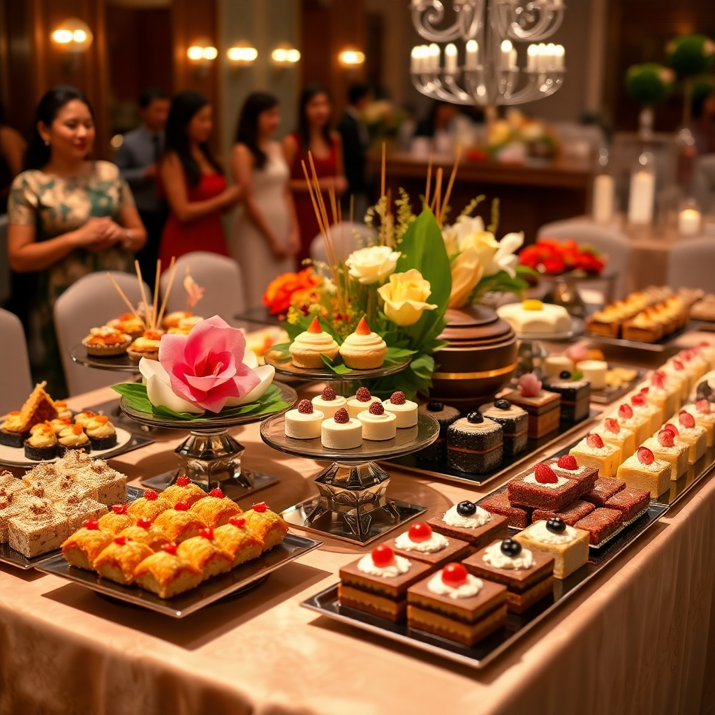 A beautifully arranged assortment of traditional Thai desserts presented on a large, elegant table at a wedding reception. The image should capture the festive atmosphere and highlight the variety and aesthetic appeal of the desserts.  Focus on both the visual presentation and the overall ambiance of a special occasion. Include guests subtly in the background.