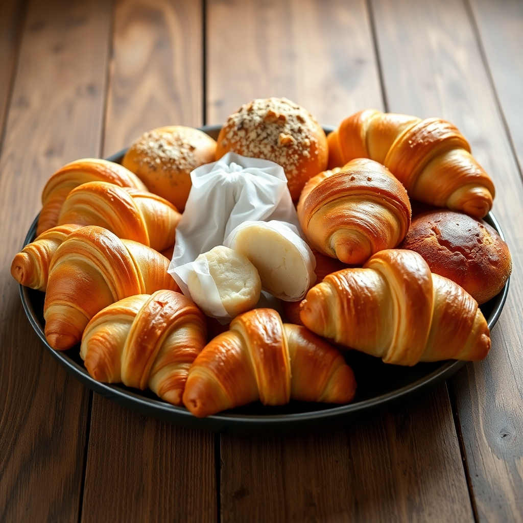 A beautifully arranged platter of assorted frozen bakery items – croissants, bread rolls, and pastries – showcasing the variety of shapes, sizes, and colors.  A few items should be partially unwrapped to reveal their texture and appetizing appearance. The background should be a rustic wooden table with a soft, natural light.