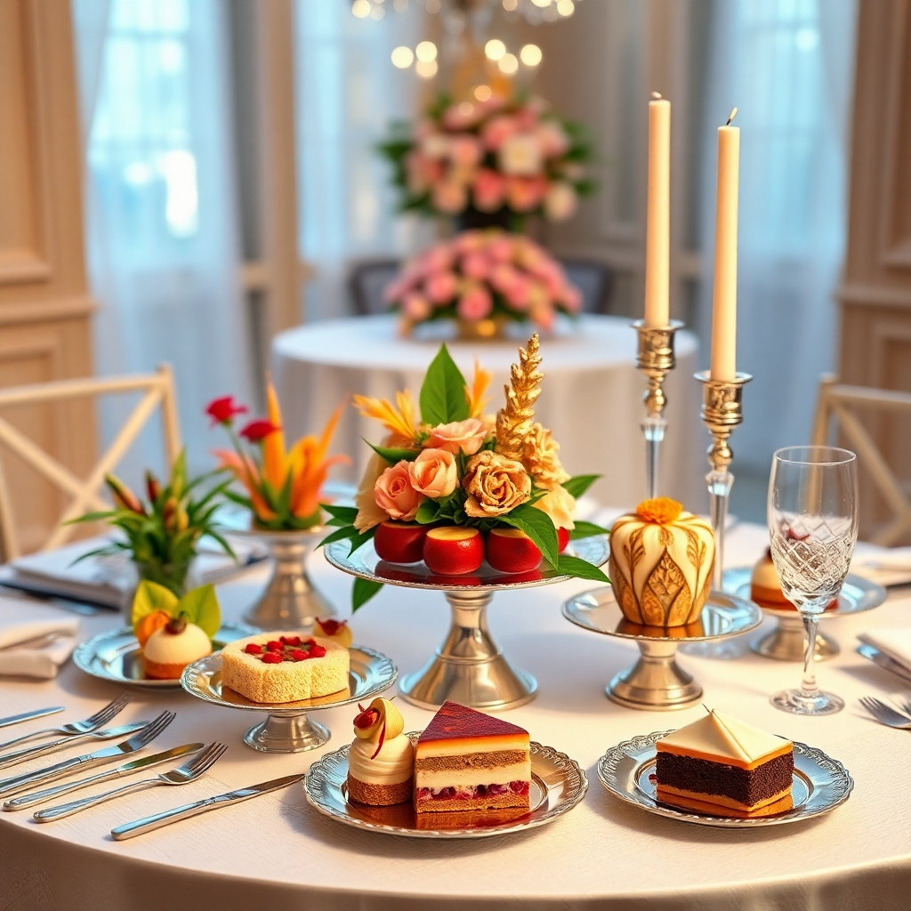 A beautifully decorated table showcasing a variety of Thai desserts arranged in an elegant presentation suitable for a wedding or other special occasion.  Include table settings, fine china, and a sophisticated ambiance. High-resolution, photorealistic, soft lighting