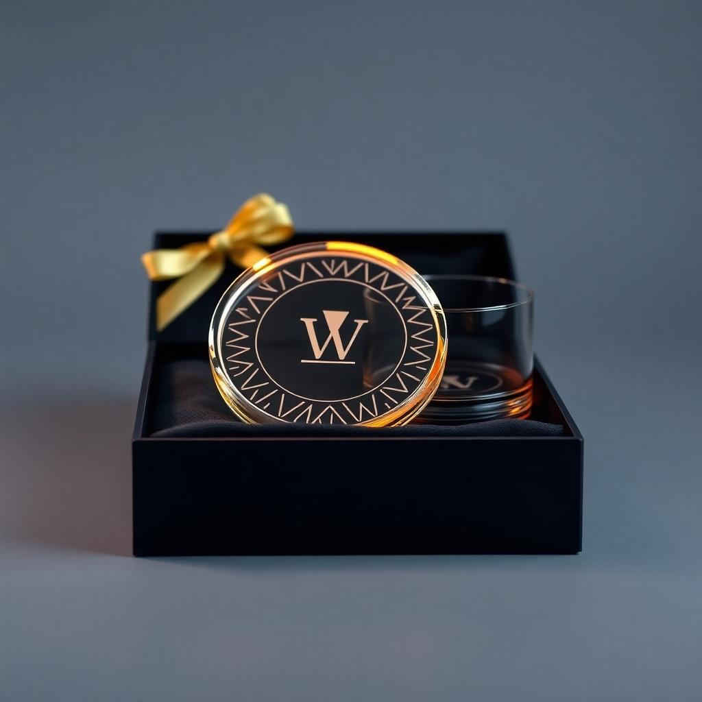 A beautifully packaged set of acrylic coasters presented as a corporate gift. The packaging should be elegant and high-end, reflecting the quality of the coasters.  The coasters themselves should have a sophisticated design, possibly with the company logo subtly incorporated.  The image should evoke a feeling of luxury and appreciation. The background should be simple, allowing the gift set to take center stage.